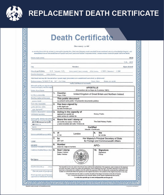 Replacement Death Certificate + Express Apostille