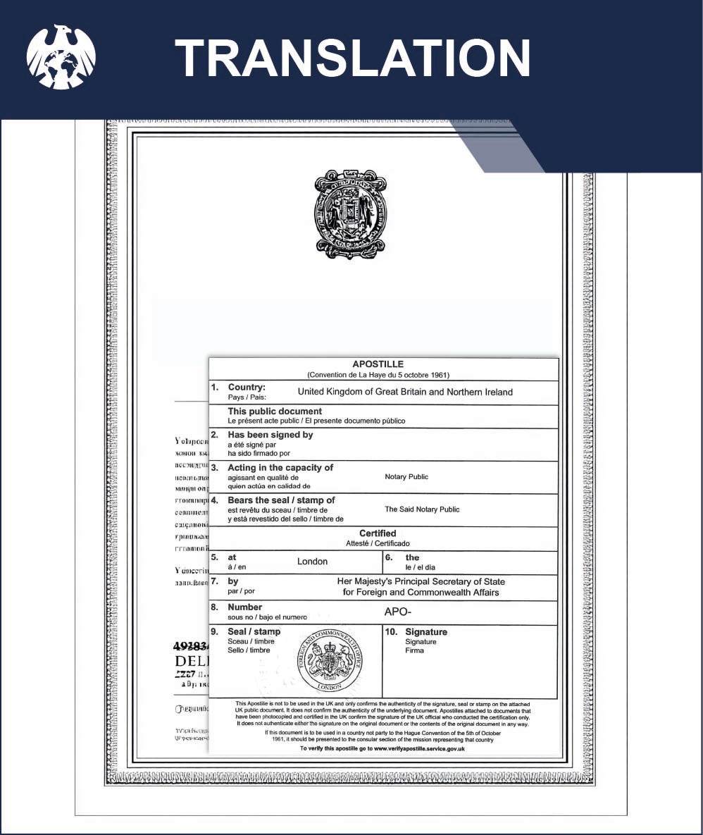 Translation Apostille for a certified translation legalised for visas, legal matters and overseas use